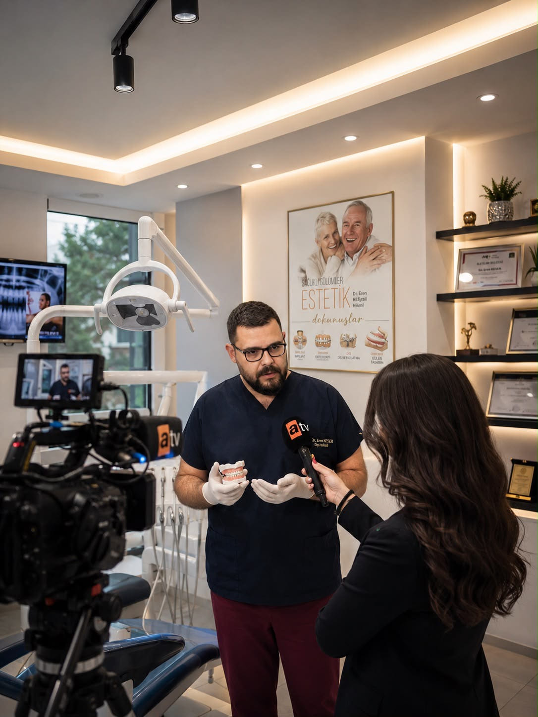Diş Hekimi Eren Keser, klinikte yapılan bir televizyon röportajında.